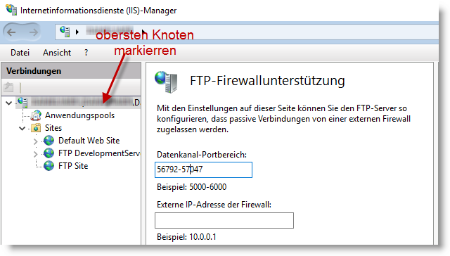 FTP-Firewallunterstützung Datenkanal-Portbereich festlegen