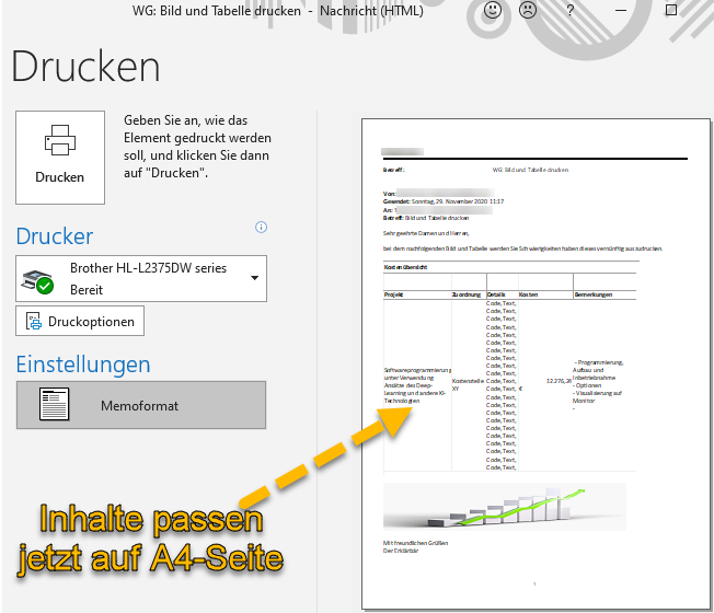 Screenshot print preview in Outlook with contents adapted to A4