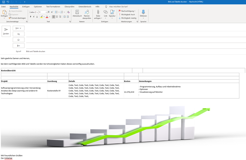 Captura de pantalla de correo electrónico de Outlook con contenido muy ancho