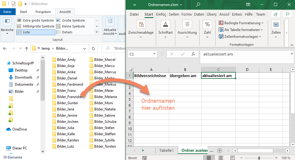 Capture d'écran avec sous-dossiers et liste Excel