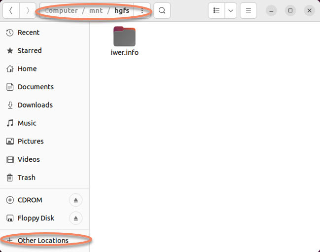 Screenshot Linux Files explorer directory for shared folders mnt/hgfs
