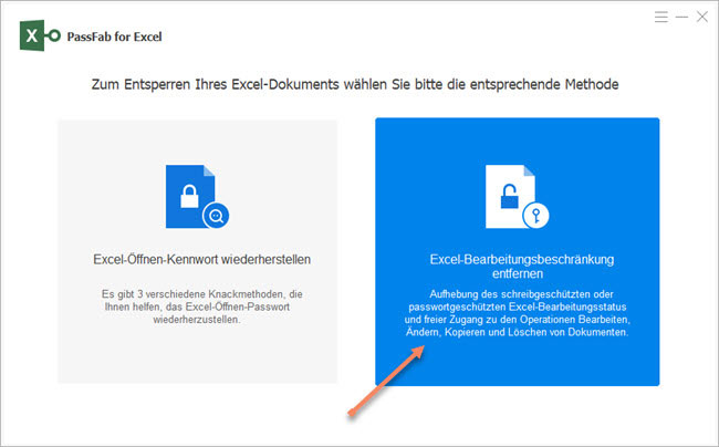 Screenshot PassFab for Excel: Button Excel Bearbeitungsbeschränkungen entfernen betätigen