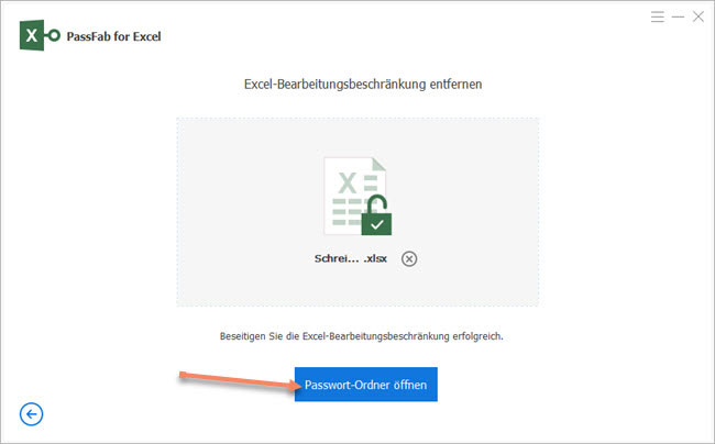 Screenshot PassFab for Excel: Button, um entsperrte Datei ohne Blattschutz zü öffnen