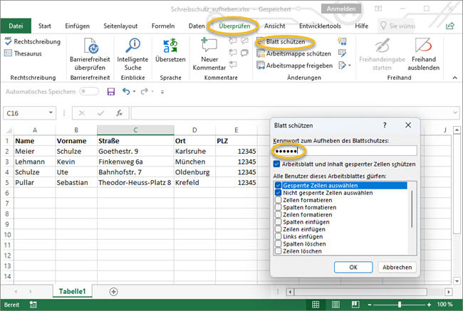 Screenshot Excel Blattschutz anlegen