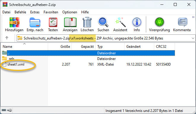 Screenshot xlsx-Datei in WinRar geöffnet