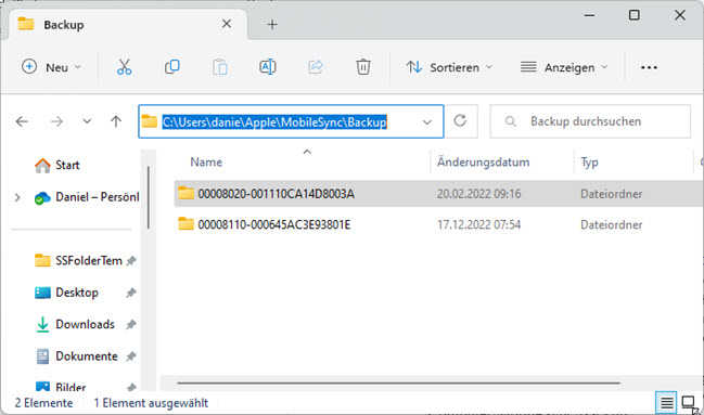 iTunes-Speicherort, an dem Backups unter Windows Betriebssystem gespeichert werden