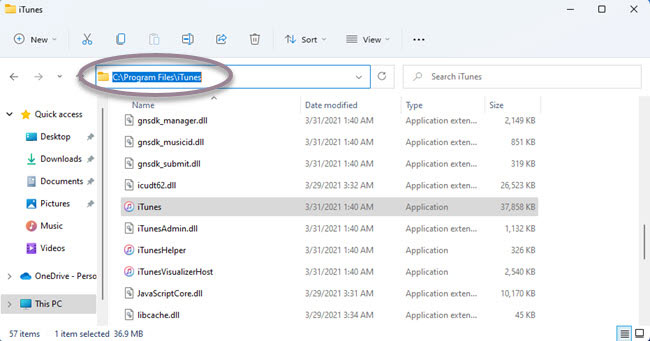 Screenshot Windows Explorer default directory executable file from iTunes