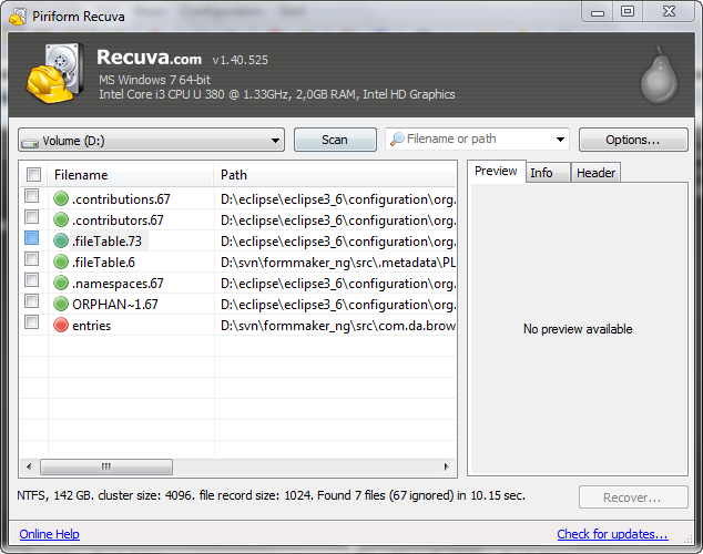 Wiederherstellen von gelöschten Dateien mit Recuva.