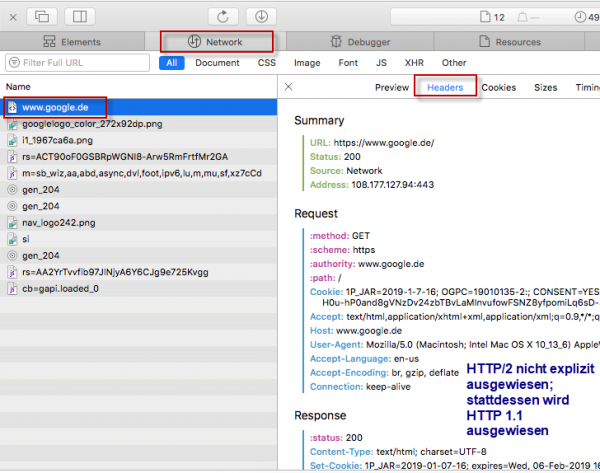 Screenshot Safari Browser Web Inspektor Prüfung Netzwerk HTTP-Headers