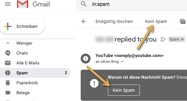 Screenshot Gmail-Account Spam Ordner