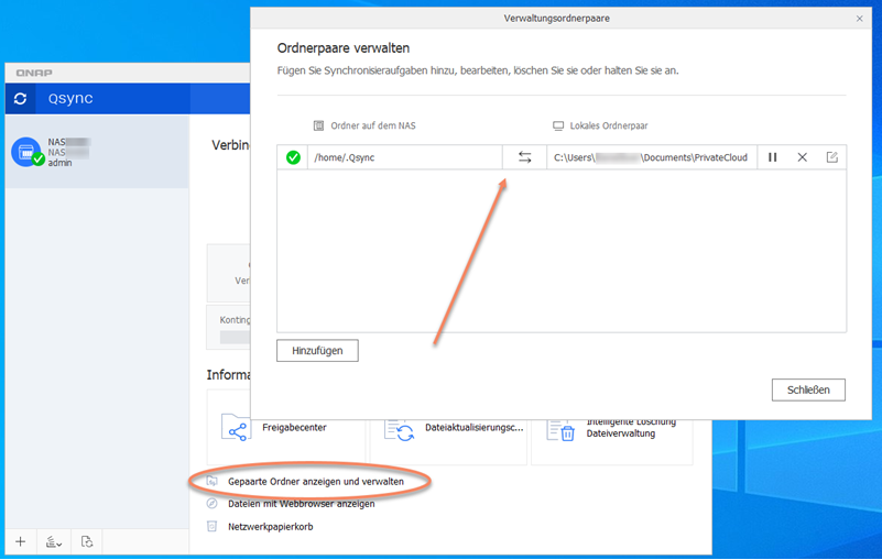 Screenshot QSync-Client Ordner paaren für Synchronisierung