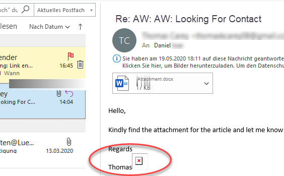 Screenshot Outlook mit nicht geladenem Tracking-Pixel als rotes Kreuz