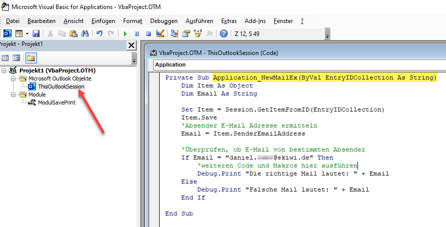 Screenshort Visual Basic Editor Outlook