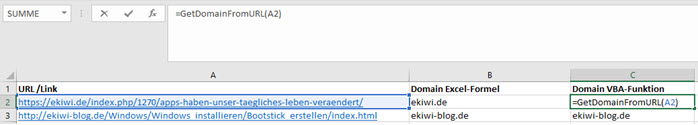Screenshot Excel VBA-Funktion zum Ermitteln des Domainnamen aus einem Link