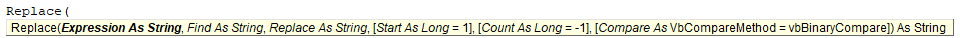 Screenshot VBA-Editor Replace Funtkion mit Parameterhinweisen