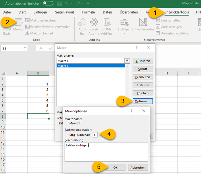 Screenshot Tastenkombination für Makro in Excel festlegen