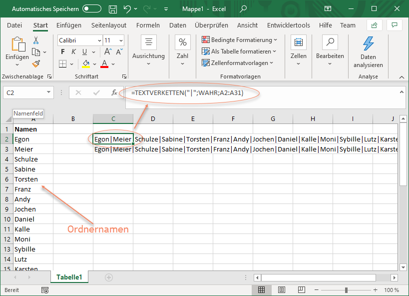 Excel Screenshot mit TEXTVERKETTEN-Funktion, um Textkette mit Trennzeichen zu erstellen