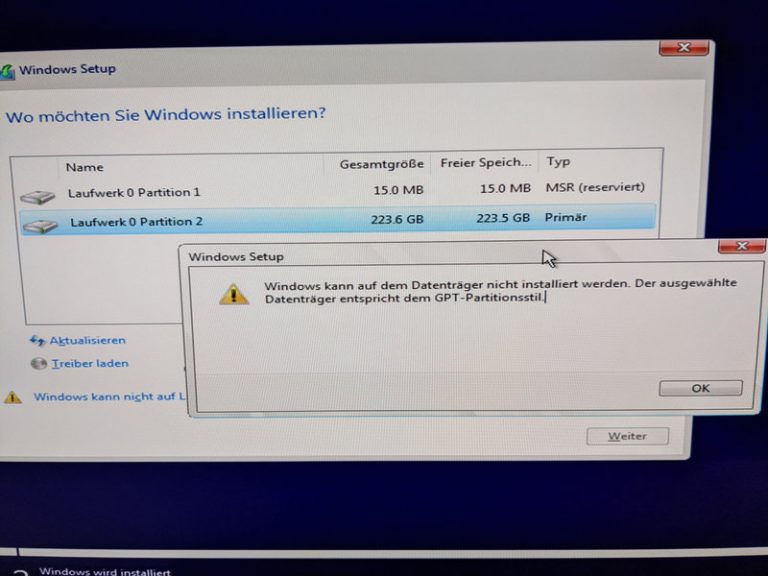 Fehler bei WindowsInstallation Der ausgewählte Datenträger entspricht dem GPTPartitionsstil Fehler bei WindowsInstallation Der ausgewählte Datenträger entspricht dem GPTPartitionsstil