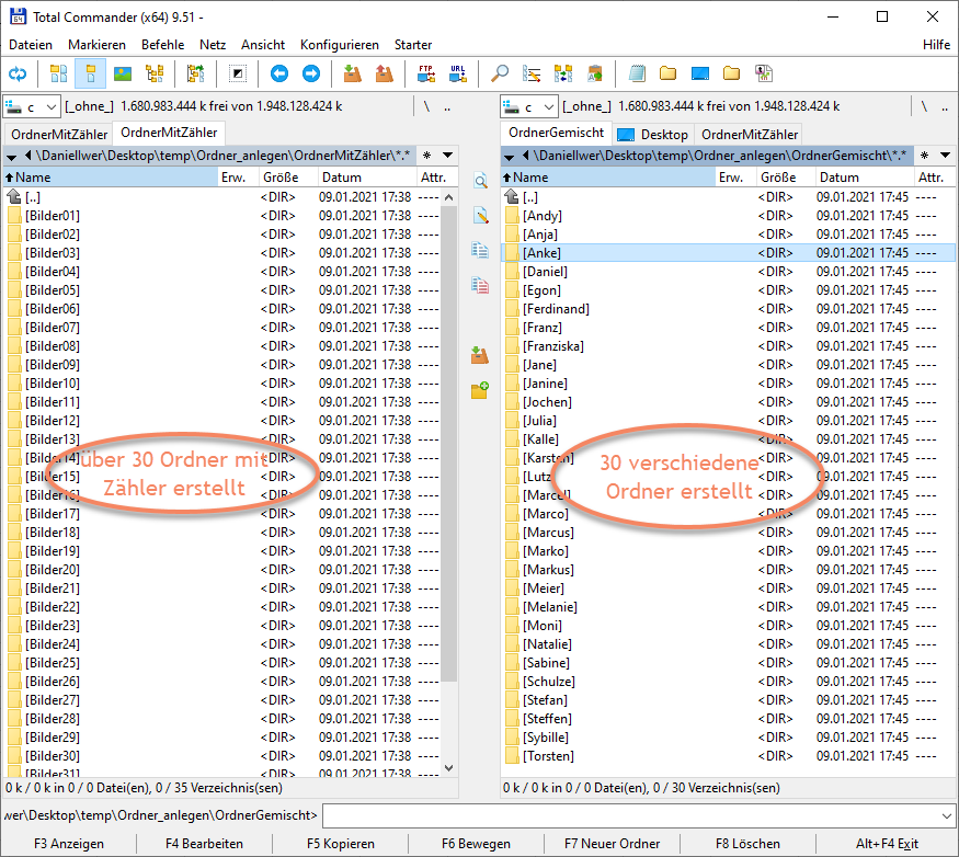Screenshot Total Commander viele verschiedene Ordner gleichzeitig erstellen