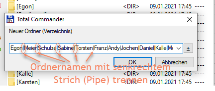 Screenshot Total Commander mehrere Ordner mit Trennzeichen erstellen