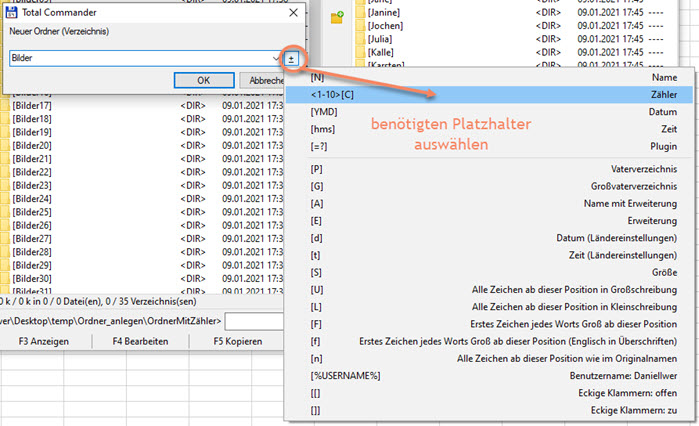 Screenshot Total Commander Neues Verzeichnis erstellen mit Auswahl Platzhalter