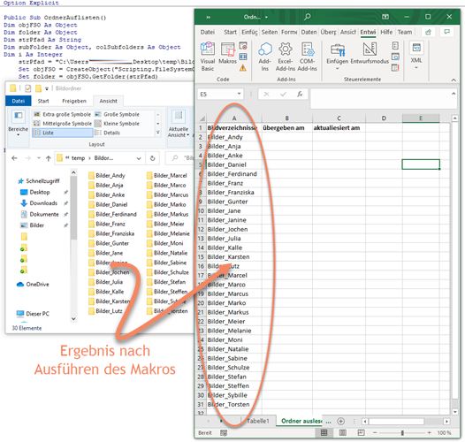 Screenshot Windows Explorer und Excel mit gelisteten Verzeichnisnamen