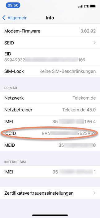 Screenshot iPhone settings info ICCID (SIM card number)