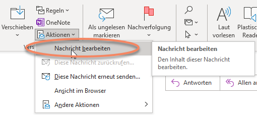 Screenshot Outlook Menü Rubrik Verschieben Button Aktionen Button Nachricht bearbeiten