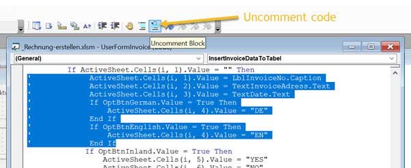 Screenshot VBA-Editor Uncomment multiple lines of code