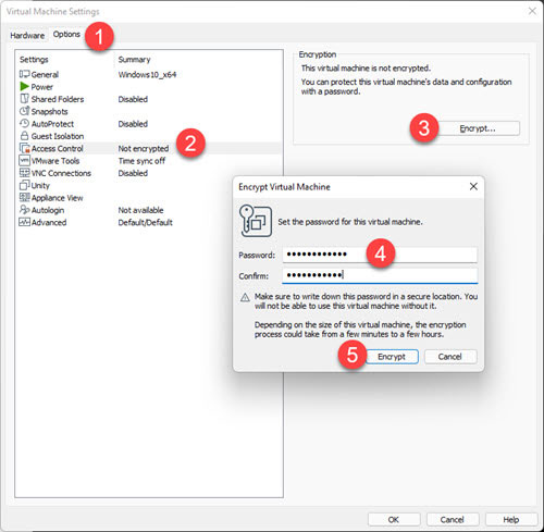Screenshot VMWare Workstation virtuelle Maschine verschlüsseln