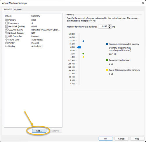 Screenshot VMWare Workstation zusätzliche Hardware-Eigenschaften hinzufügen