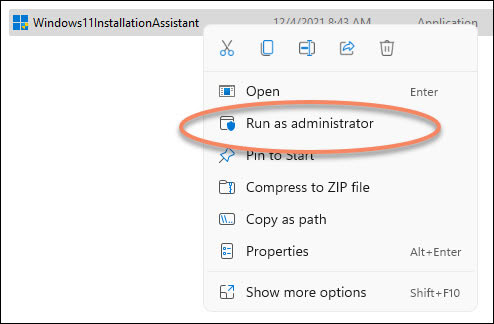 Screenshot context menu run as administrator