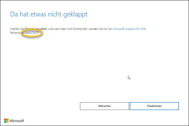 Screenshot Fehlercode 0x8007007f während Windows 11 Installation