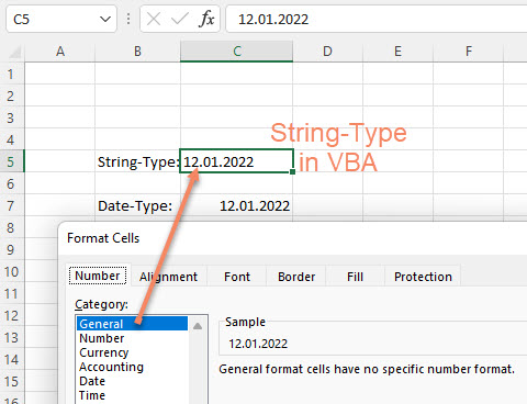 Screenshot Excel Zellenformatierung Allgemein eines Datums