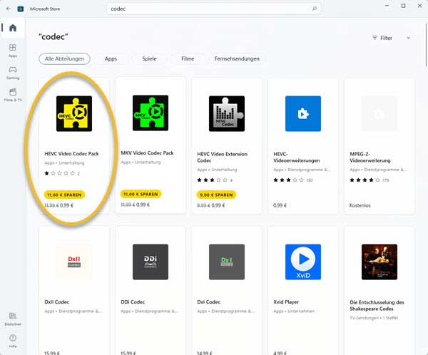 Screenshot Mircrosoft Store HEVC Codec