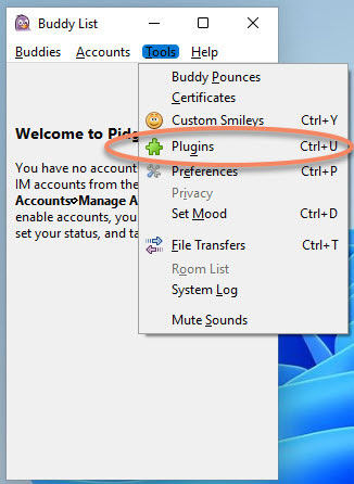Screenshot Pidgin: Call menu Tools and Plugins