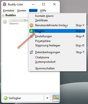 Screenshot Pidgin: Menü Extras Plugins aufrufen