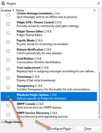 Screenshot Pidgin Plugins Windows-Pidgin-Options is checked