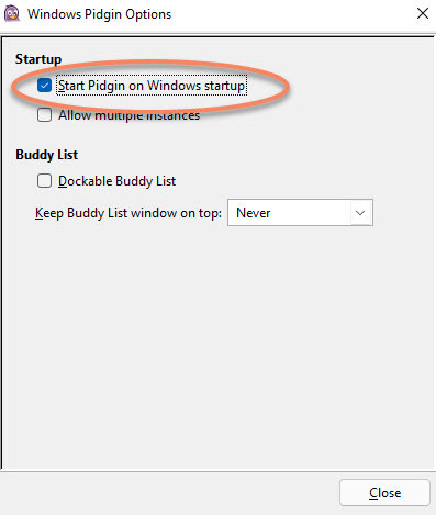 Screenshot Pidgin Configure start on windows startup is checked