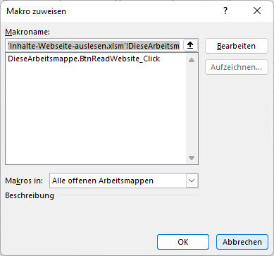 Screenshot Excel Makro zuweisen zum Auslesen des Quelltexts einer Webseite