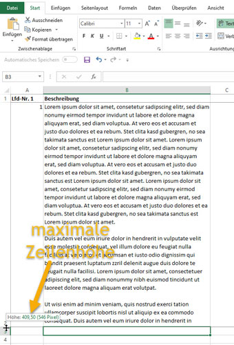 Screenshot Excel maximale Zeilenhöhe ist erreicht und Text wird abgeschnitten