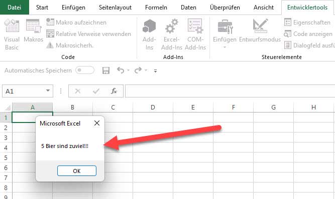 Screenshot Excel Makro zum Umwandeln Integer in String wurde ausgeführt. Die Ausgabe erfolgt in einer MessageBox