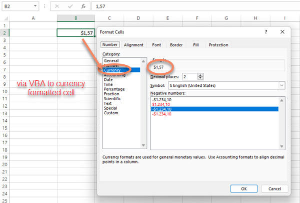 Screenshot Excel: the result of currency formatting