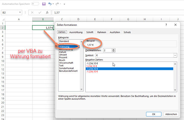 Screenshot: mit VBA Währungsformat festgelegt