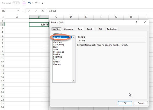 Screenshot Excel Cell formated as "General"