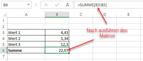 Screenshot Excel: Formel wurde über Makro eingefügt