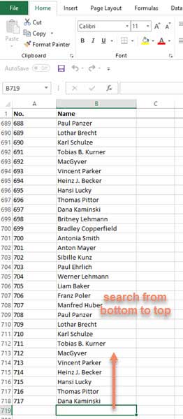 Screenshot Excel list backwards search starting from the bottom