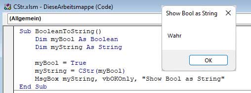 Screenshot VBA Code inkl. Ausgabe eines in String umgewandelten Boolean-Wertes