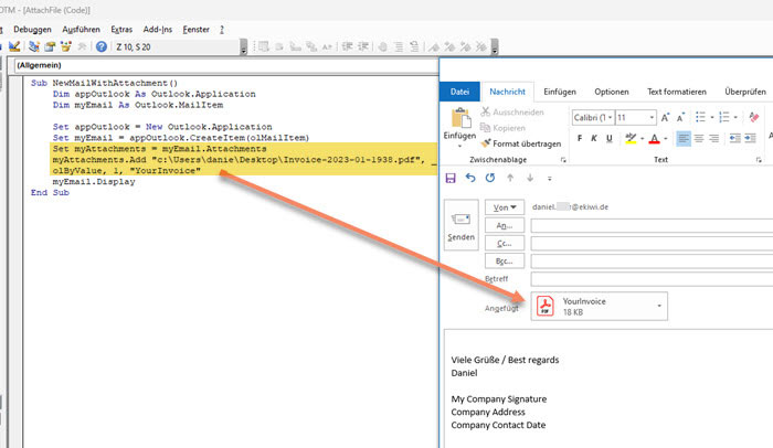 Captura de pantalla del código VBA con un nuevo correo electrónico con un archivo adjunto insertado