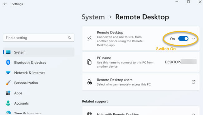 screenshot: Turn on remote desktop 